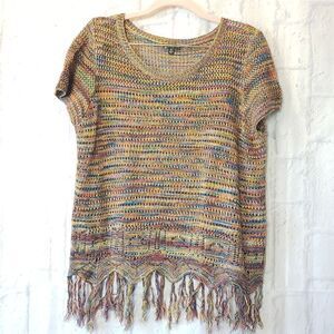 HANNAH Loose-knit Short-sleeve Fringed Sweater